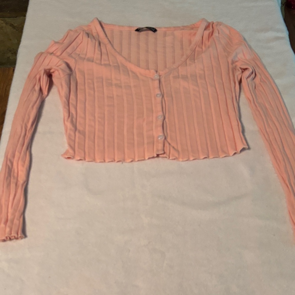 SHEIN Peach Ribbed Button-Front Cropped Long-Sleeve Top